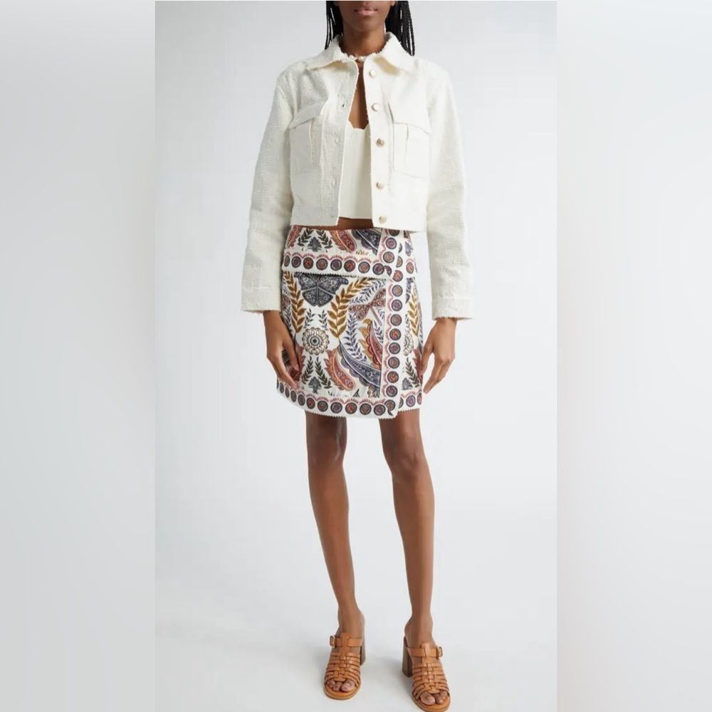FARM Rio White Tweed Crop Jacket Textured Cotton Gold Button Coastal Boho Size M
